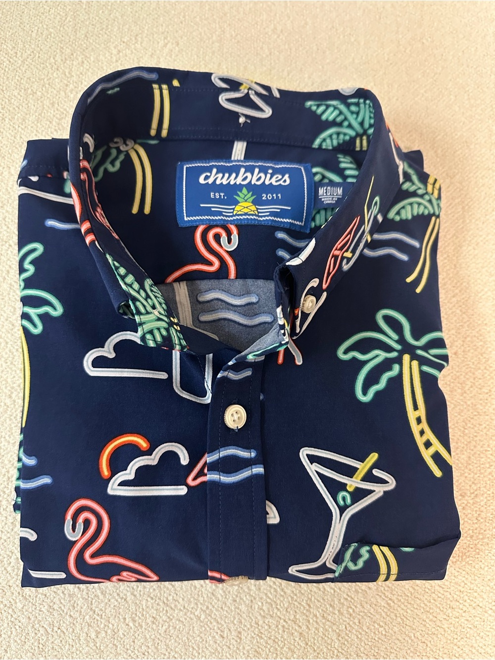chubbies Navy Short-Sleeve Button-Up with Neon Pink, Yellow & Green Print